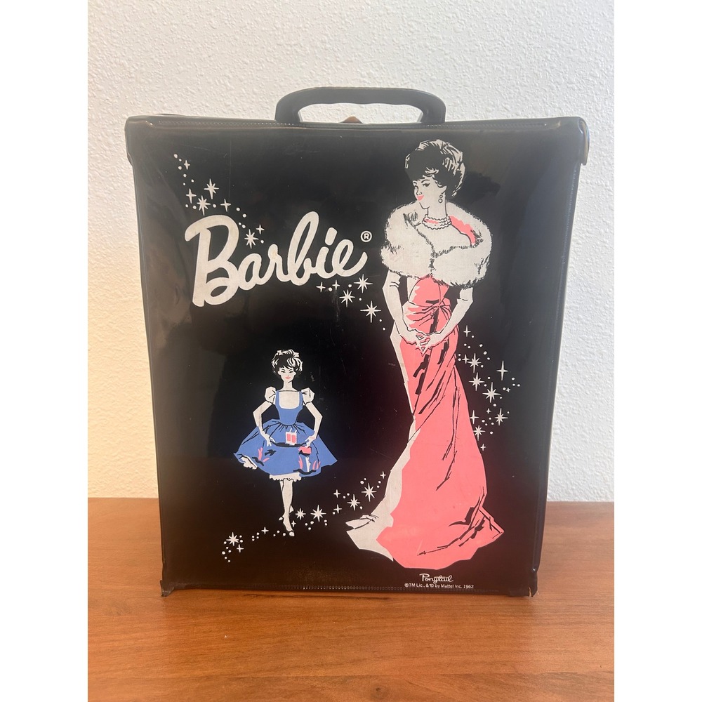 Vintage 1962 Barbie Ponytail Doll Case Black Vinyl Mattel Trunk Storage